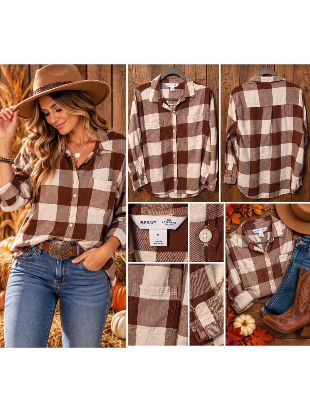 Old Navy Brown and Cream Plaid Button Front Shirt